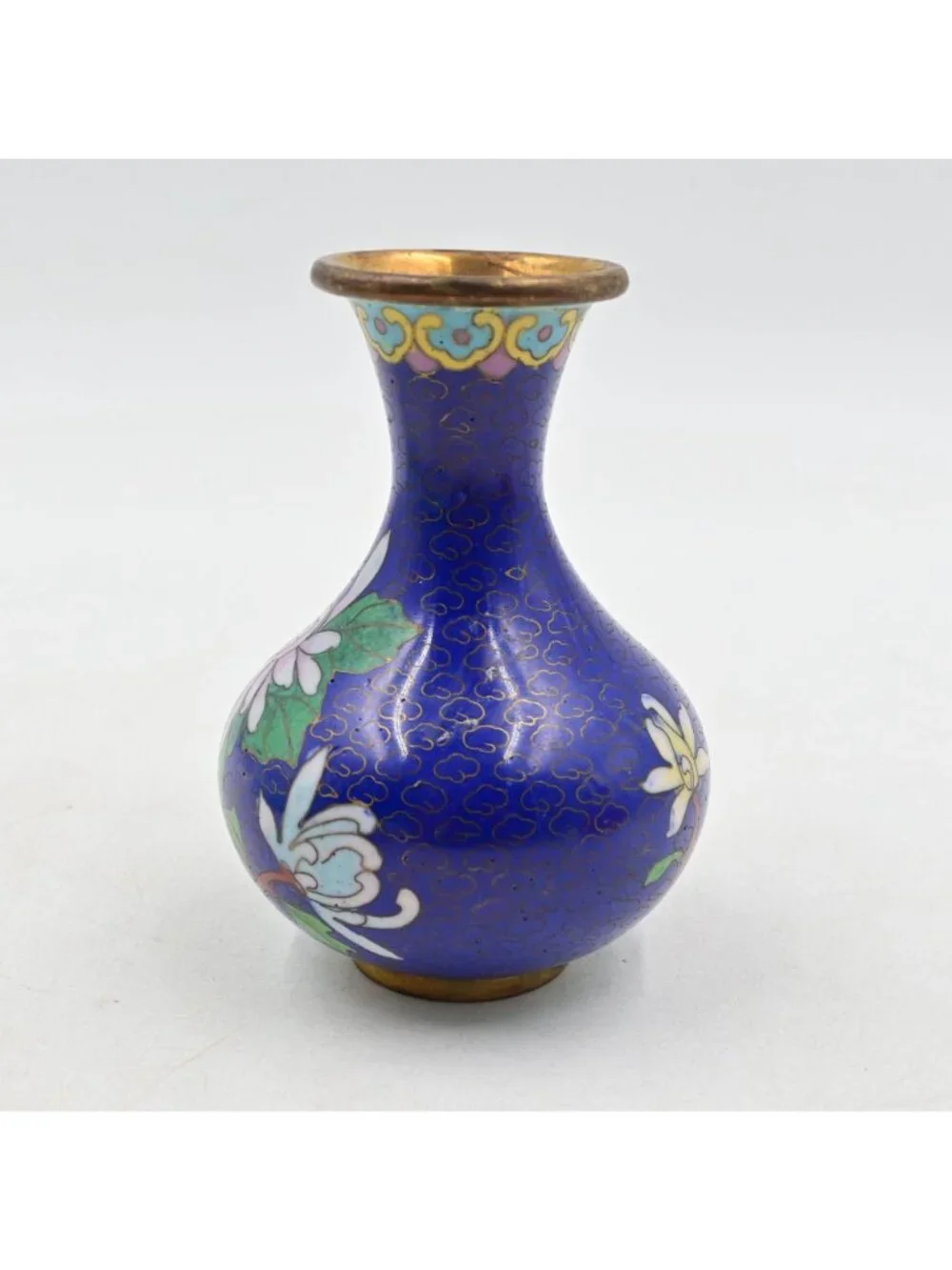 Chinese Cloisonne Miniature Flower Vase Cobalt Blue Enamel Gold Tone Rim 4